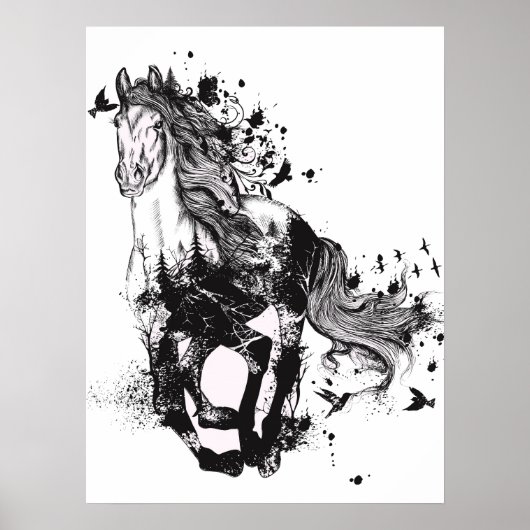 Paardentekening en Abstracte Natuur Poster (Voorkant)