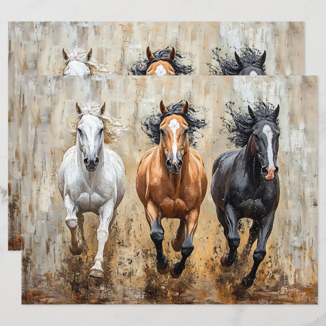Paardentrio Galopperende Schildering Scrapbook Pap (Voorkant / Achterkant)