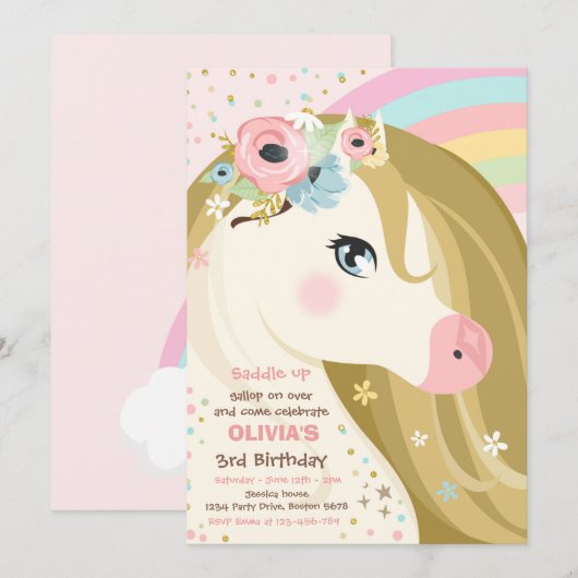 Paardenverjaardagsfeest Bloemen Roze Pony verjaard Kaart (Voorkant / Achterkant)