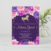 Paardenverjaardagsuitnodiging, roze paars goud kaart (Staand voorkant)