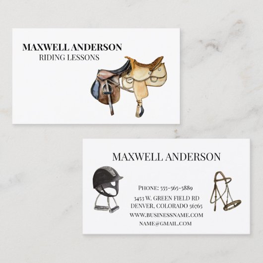 PaardenWaterverf Riding Equestrian Saddle Visitekaartje (Voorkant / Achterkant)