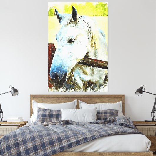 *~* Paardenwit Paard over Houten Omheining AR22 Canvas Afdruk (Insitu (Slaapkamer))