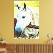 *~* Paardenwit Paard over Houten Omheining AR22 Canvas Afdruk (Insitu (Woonkamer))