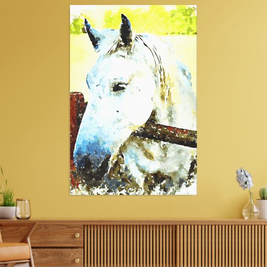 *~* Paardenwit Paard over Houten Omheining AR22 Canvas Afdruk (Insitu (Woonkamer))
