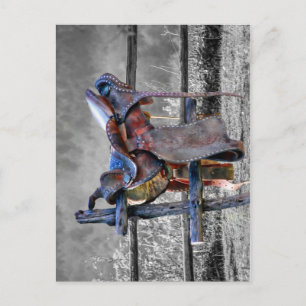 Paardenzadels op korraalhek Western Briefkaart