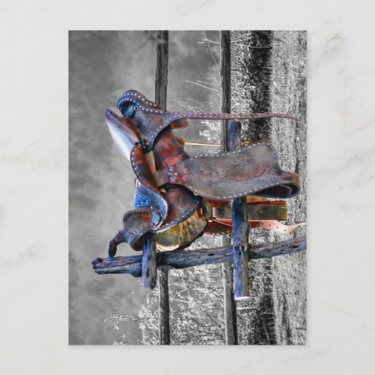 Paardenzadels op korraalhek Western Briefkaart (Voorkant)