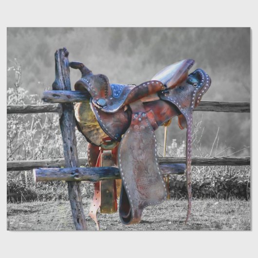 Paardenzadels op korraalhek Western Cadeaupapier (Vlak)