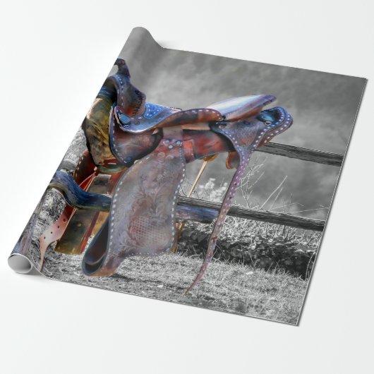 Paardenzadels op korraalhek Western Cadeaupapier (Uitgerold)