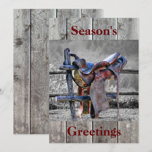 Paardenzadels op korraalhek Western Feestdagenkaart (Voorkant / Achterkant)
