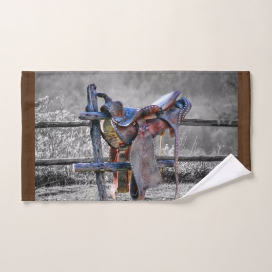 Paardenzadels op korraalhek Western Handdoek (Handdoek)