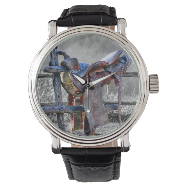 Paardenzadels op korraalhek Western Horloge (Voorkant)