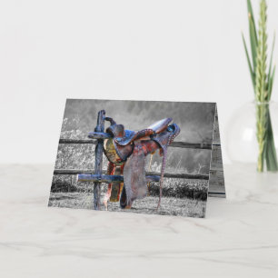 Paardenzadels op korraalhek Western Kaart