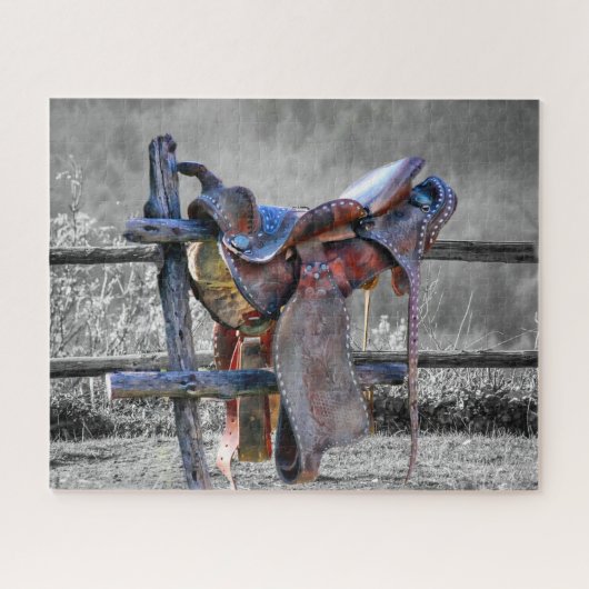 Paardenzadels op korraalhek Western Legpuzzel (Horizontaal)