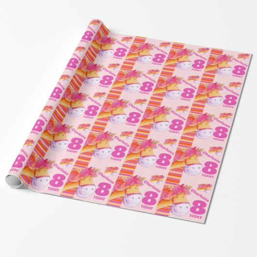 Paardje kinderen 8e verjaardag streep verpakking cadeaupapier (Uitgerold)