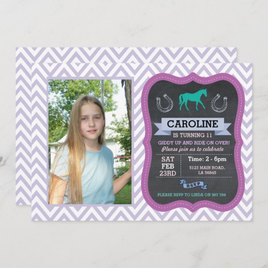 Paardrijden Foto Pony Paarse Uitnodiging Uitnodige (Voorkant / Achterkant)
