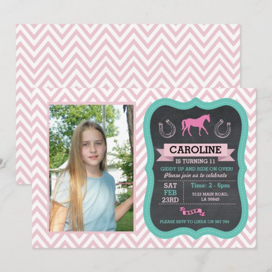Paardrijden Foto Pony Roze Uitnodiging (Voorkant / Achterkant)
