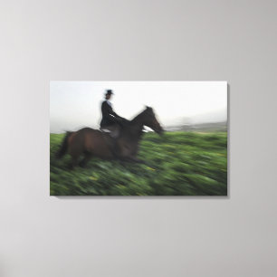 Paardrijden in het groene veld. Vrouw te paard Canvas Afdruk