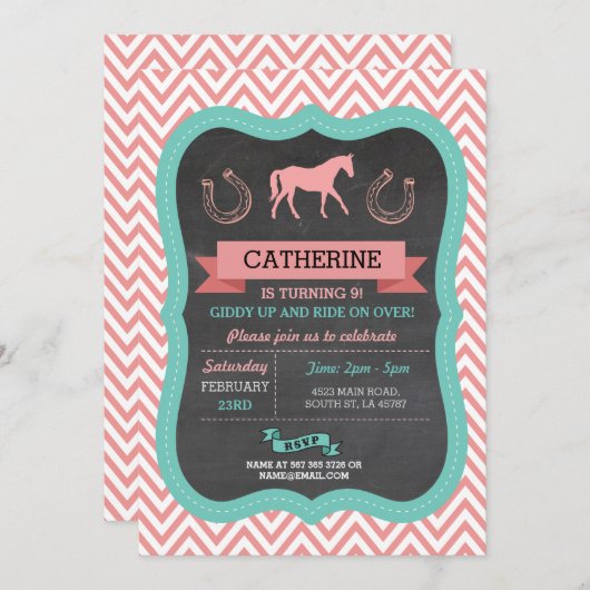 Paardrijden Party Nodig Chevron Pony Uitnodiging u (Voorkant / Achterkant)