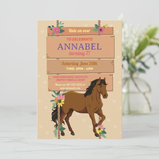 Paardrijden Party Nodig Pony Bloemenuitnodiging ui Kaart (Staand voorkant)