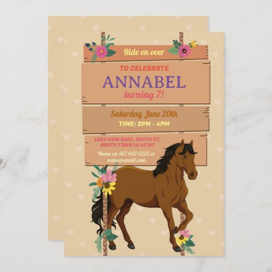 Paardrijden Party Nodig Pony Bloemenuitnodiging ui Kaart (Voorkant / Achterkant)