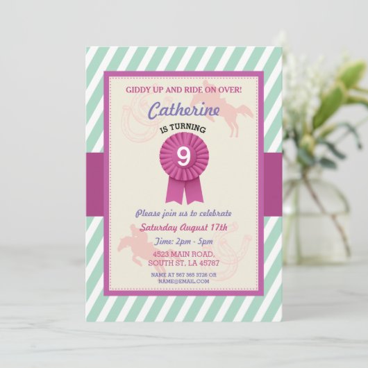 Paardrijden Party Nodig Stripe Mint Roze Uitnodige Kaart (Staand voorkant)