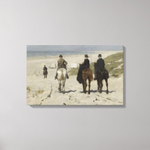 Paardrijden 's ochtends vroeg aan het strand (door canvas afdruk