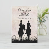 Paardrijden Silhouette Paar Zonsondergang Huwelijk Kaart (Staand voorkant)