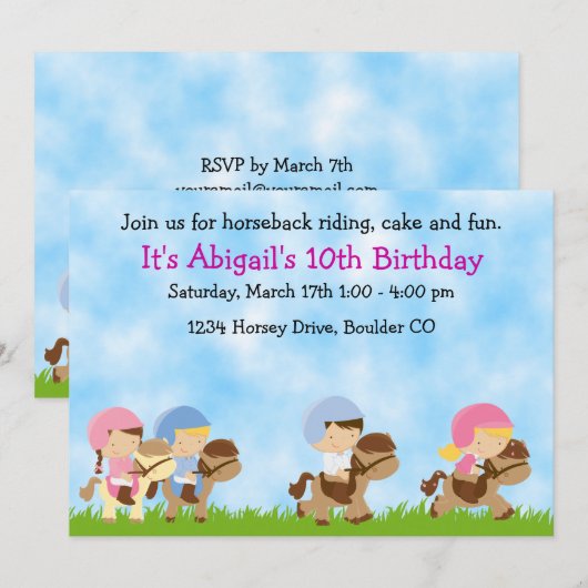 Paardrijden Verjaardag Uitnodiging, Meisjes & Jong Kaart (Voorkant / Achterkant)