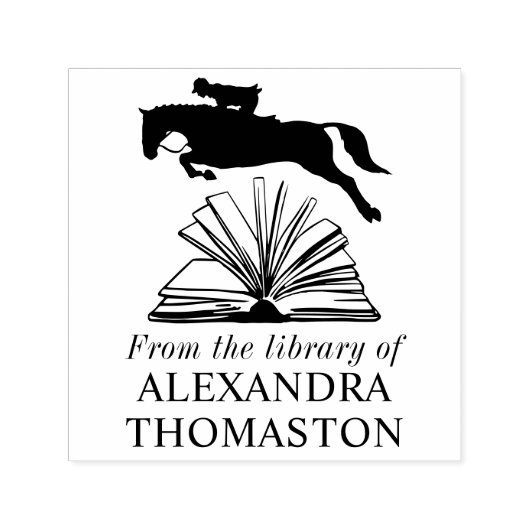 Paardrijder springend over open boek SQ bibliothee Zelfinktende Stempel (Design)