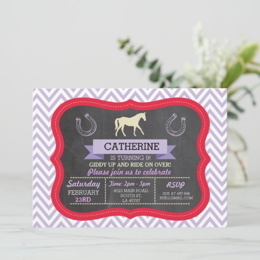 Paardrijfeest Uitnodiging Pony Red (Staand voorkant)