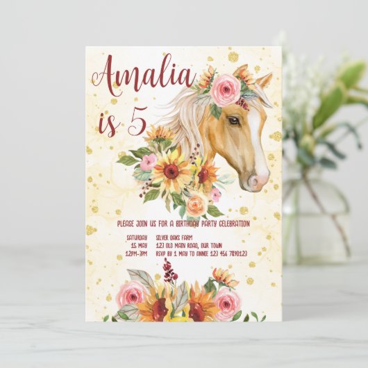 Paardse zonnebloemen roze bloemen meisjes verjaard kaart (Staand voorkant)