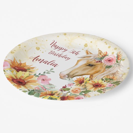 Paardse zonnebloemen verjaardagsfeest gepersonalis papieren bordje (Gekanteld)
