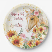 Paardse zonnebloemen verjaardagsfeest gepersonalis papieren bordje (Voorkant)