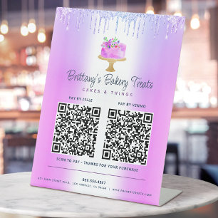 Paars 2 QR Code Betaal hier Cake Bakkerij Glitter Reclamebord Met Voetstuk