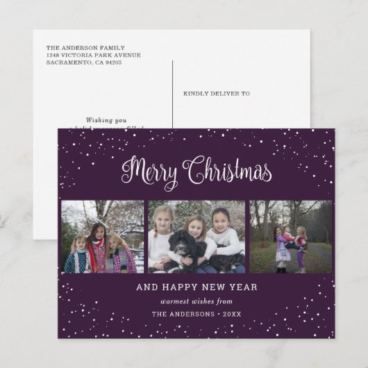 Paars 3 Fotocollage Calligrafie Feestdagenkaart (Voorkant / Achterkant)