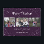 Paars 3 Fotocollage Calligrafie Feestdagenkaart<br><div class="desc">Aangepaste paarse briefkaarten voor kerstmis met foto's die een collage bevatten en een mooie titel met handschrift met sterren en groen. Pas dit paarse prettige kerstbriefkaart eenvoudig aan met uw afbeeldingen,  tekst,  jaar en familienaam. U kunt de achtergrond en de doopvont in om het even welke kleur ook veranderen.</div>