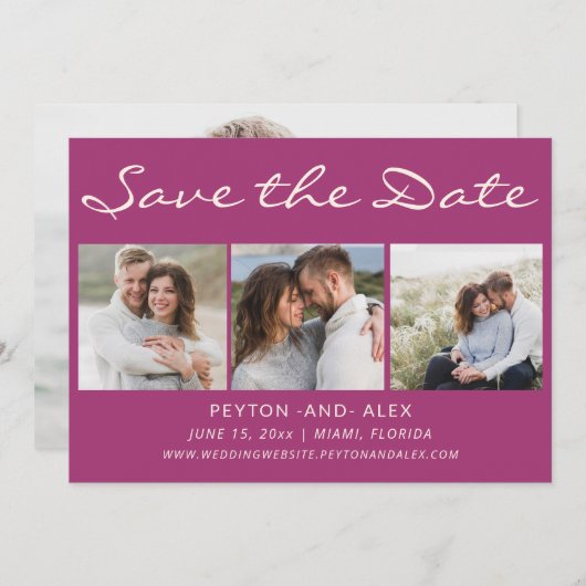 Paars 4-foto 2-zijdige huwelijksaankondiging  save the date (Voorkant / Achterkant)