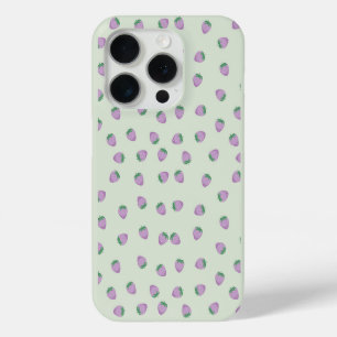 Paars aardbeienpatroon op groene achtergrond iPhone 15 pro case