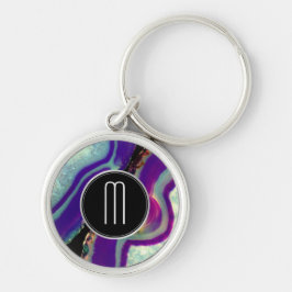 Paars Abstract Agate Silver Monogram Sleutelhanger