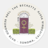 Paars adres van de dag waarop de feestdag ingaat ronde sticker (Voorkant)