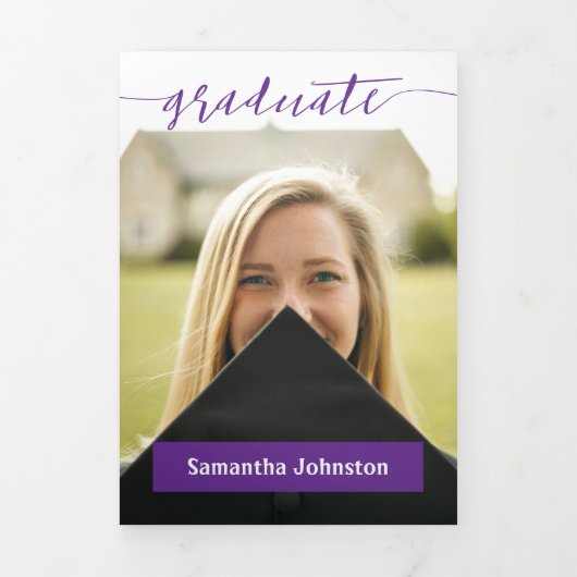 Paars Afstudeer Script Modern Drie Foto Drieluik Uitnodiging (Cover)
