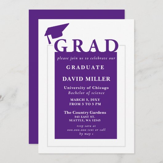Paars Afstudeerder Modern Minimalistisch Afstudere Kaart (Voorkant / Achterkant)