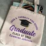 Paars Afstuderen Afstuderen van 2023 Tote Bag<br><div class="desc">Deze moderne paarse en zwarte aangepaste senior afstuderen canvas tas heeft de naam van uw middelbare school of college voor de klas van 2023. Pas aan met uw graduerend jaar onder het chic handgeschreven script en het zwarte afstudeerder pet voor een geweldig gepersonaliseerd cadeau van de graduatiepartij.</div>