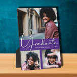 Paars Afstuderen Foto Collage Fotoplaat<br><div class="desc">Je favoriete foto's, het woord Afstuderen, het jouw naam en het afstuderen jaar in elegante witte tekst aan de voorkant, deze fraaie fotoplak met een ingebouwd easel is een groot goed om je de speciale mijlpaal van je afgestudeerde te herinneren. **TIP: Upload alle horizontale foto's voor beste resultaten. Klik op...</div>
