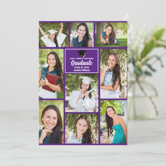 Paars Afstuderen Foto Collage Modern Afstuderen Aankondiging (Staand voorkant)