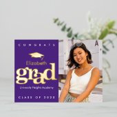 Paars afstuderen foto vetgedrukt modern pet echt g folie uitnodiging (Staand Voorkant)
