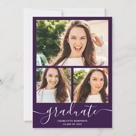 Paars afstuderen script 3 foto's afstuderen kaart (Voorkant)
