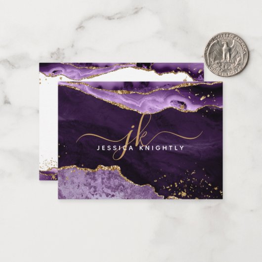 Paars-Agate Geode Gold Glitter-monogram Notitiekaartje (Voorkant / Achterkant in situ)
