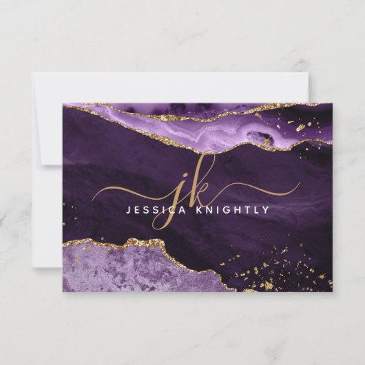 Paars-Agate Geode Gold Glitter-script monogram Notitiekaartje (Voorkant)