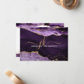 Paars-Agate Geode Gold Glitter-script monogram Notitiekaartje (Voorkant / Achterkant in situ)